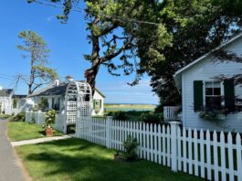 White cottages behind picket fences have views to the ocean.