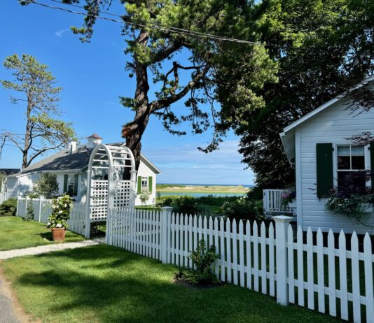 White cottages behind picket fences have views to the ocean.